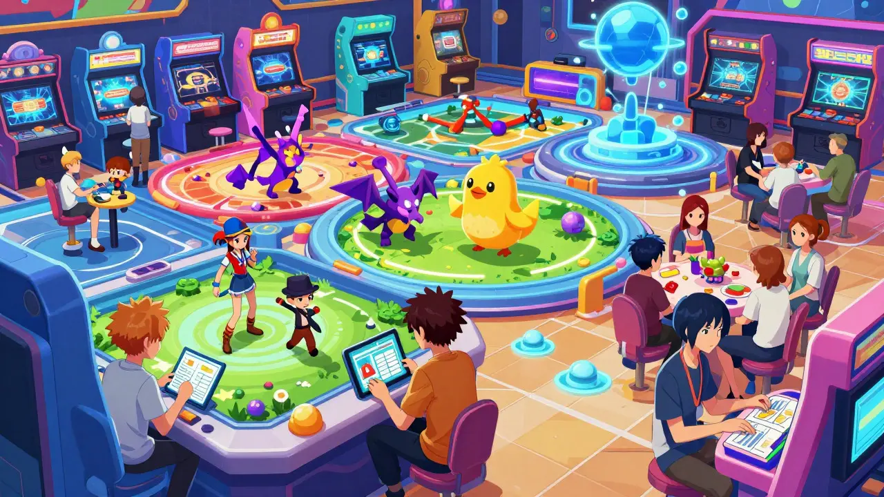 Anime characters playing games in virtual arcade hub