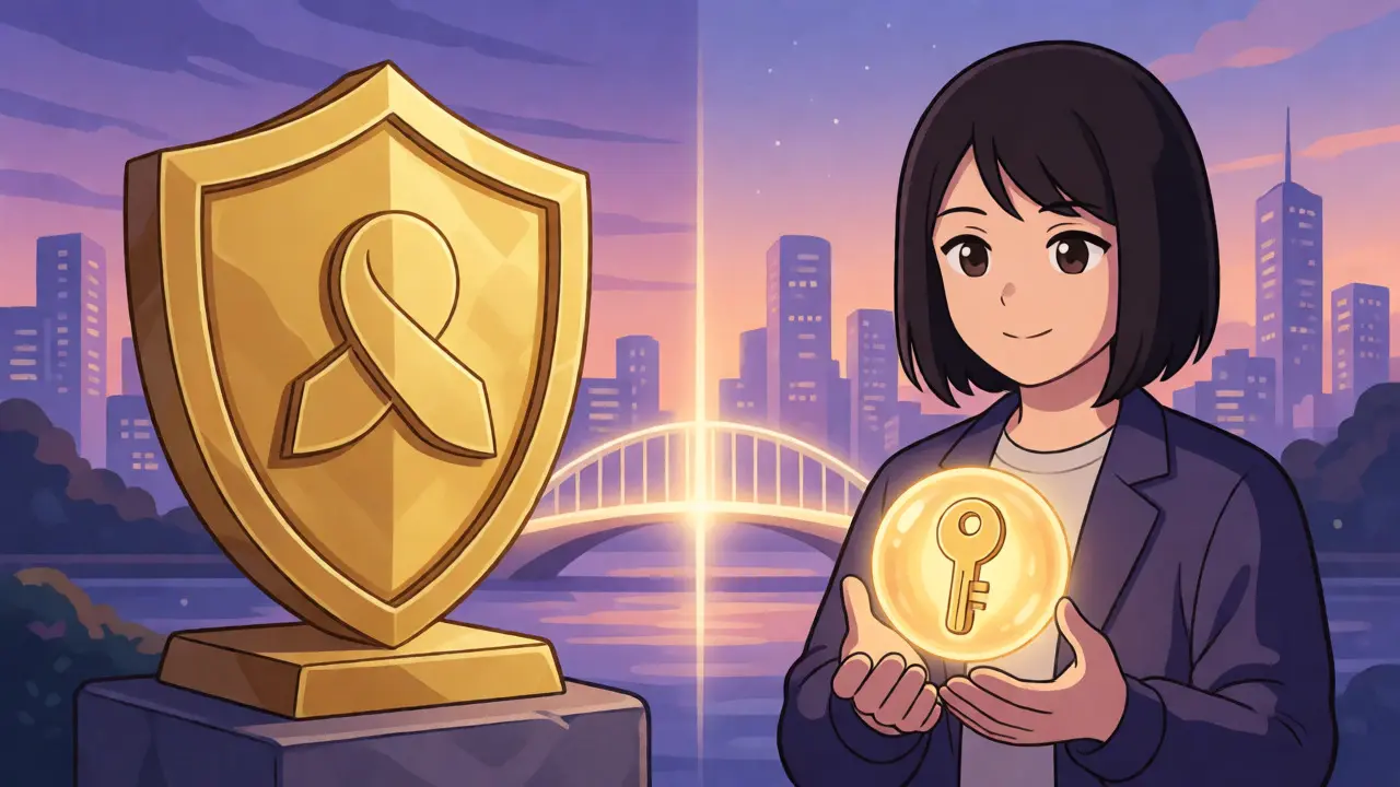 Anime concept art balancing regulatory shield and self-custody keys