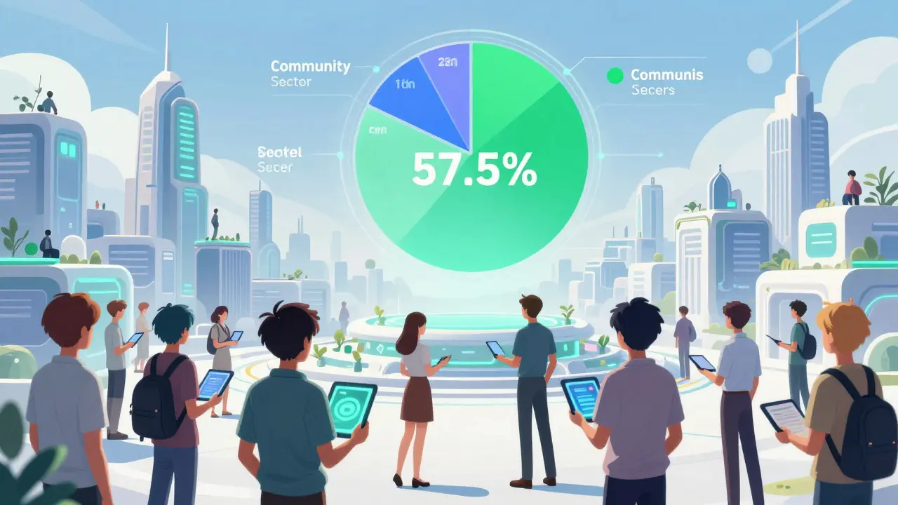 Anime crowd in a decentralized city with a large community token chart