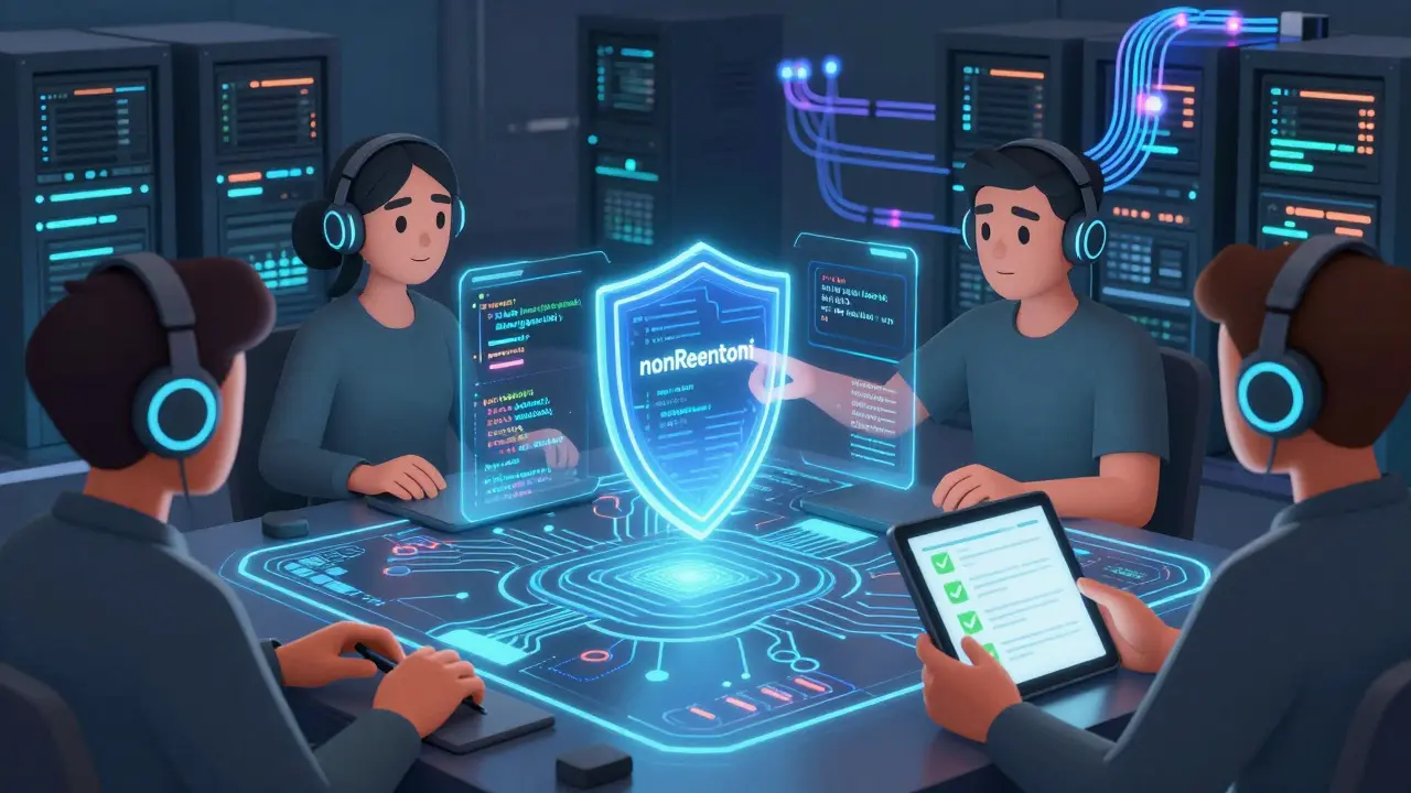Anime developers analyzing holographic code shields to prevent blockchain vulnerabilities