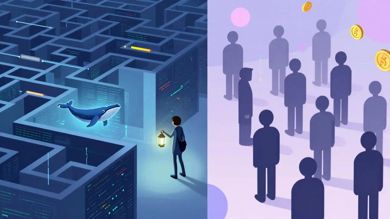 Anime figure navigating a data maze while others walk through wide, generic corridors