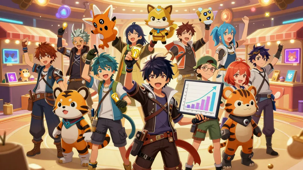 Anime gamers celebrating with NFT pets and tokens in a digital arena