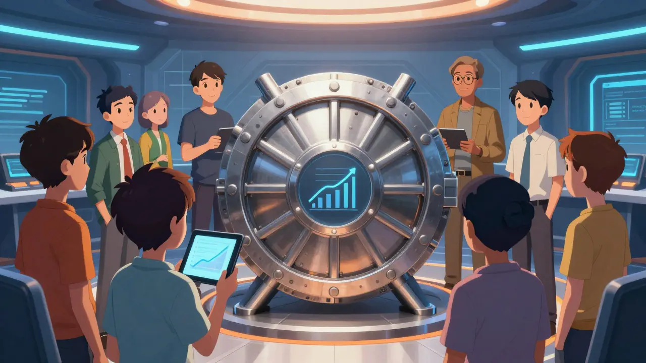 Anime group of people surrounding a secure hexagonal vault structure in a tech room