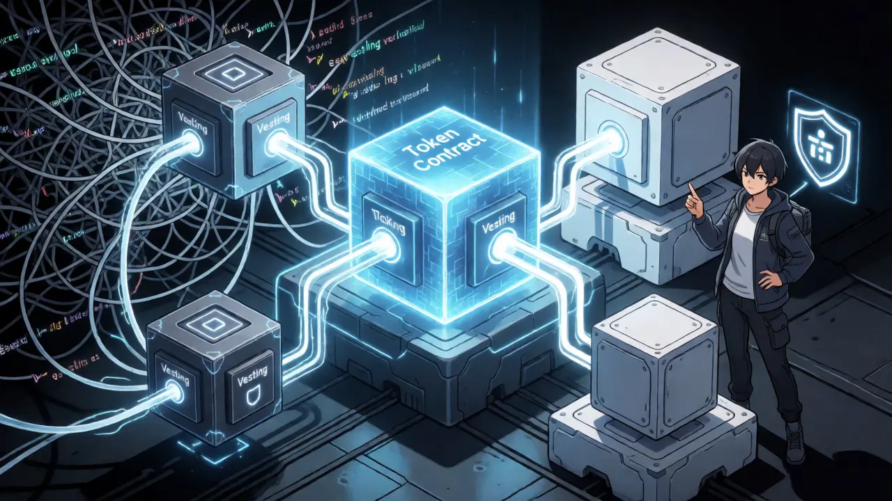 Anime illustration comparing embedded vs separate smart contract vesting architectures.