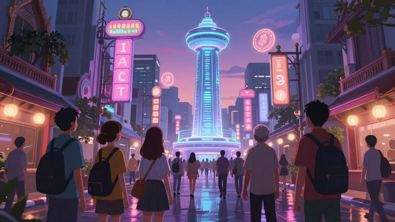 Anime illustration of a busy Thai city street at night with floating digital coin holograms