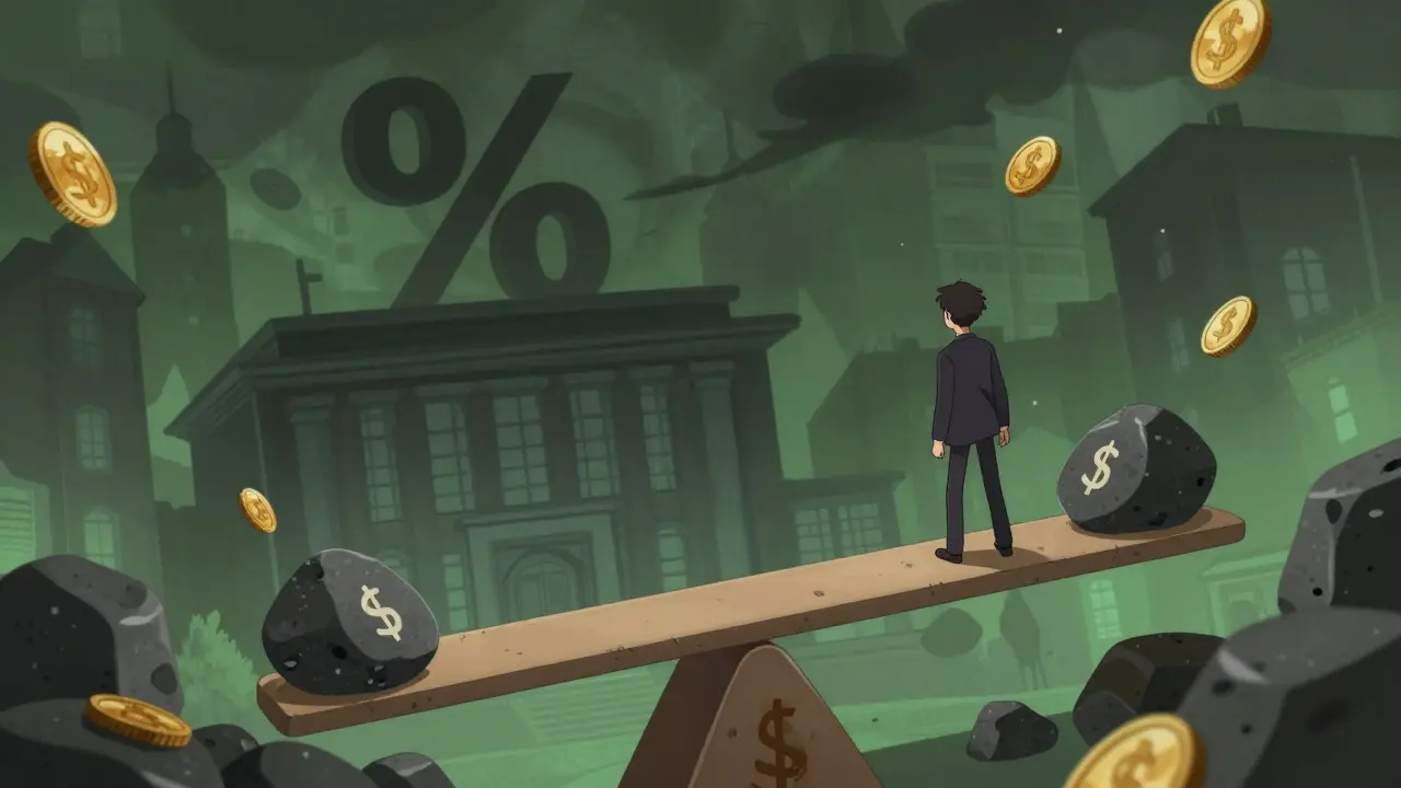 Anime illustration of person crushed by heavy tax burdens and bureaucratic stones