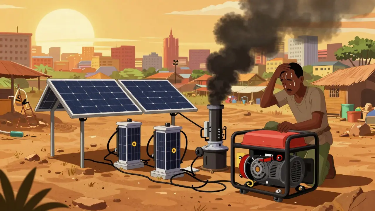 Anime miner dealing with heat and diesel generators in a Nigerian solar farm