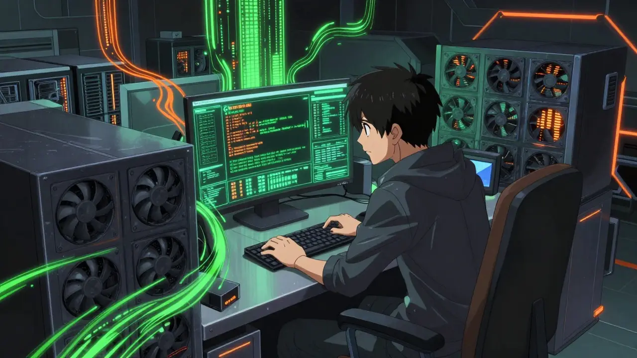 Anime miner working on servers with glowing data streams representing PoW mining