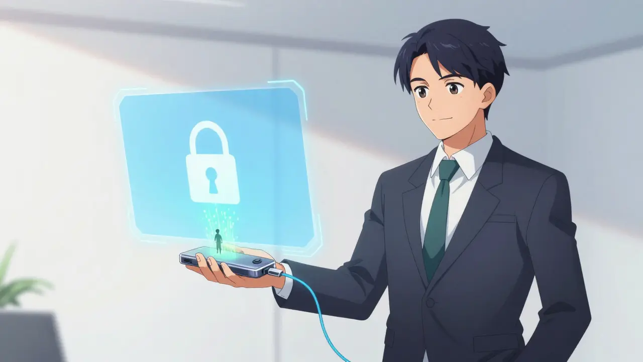Anime scene of a merchant securely receiving crypto via a hardware wallet connection