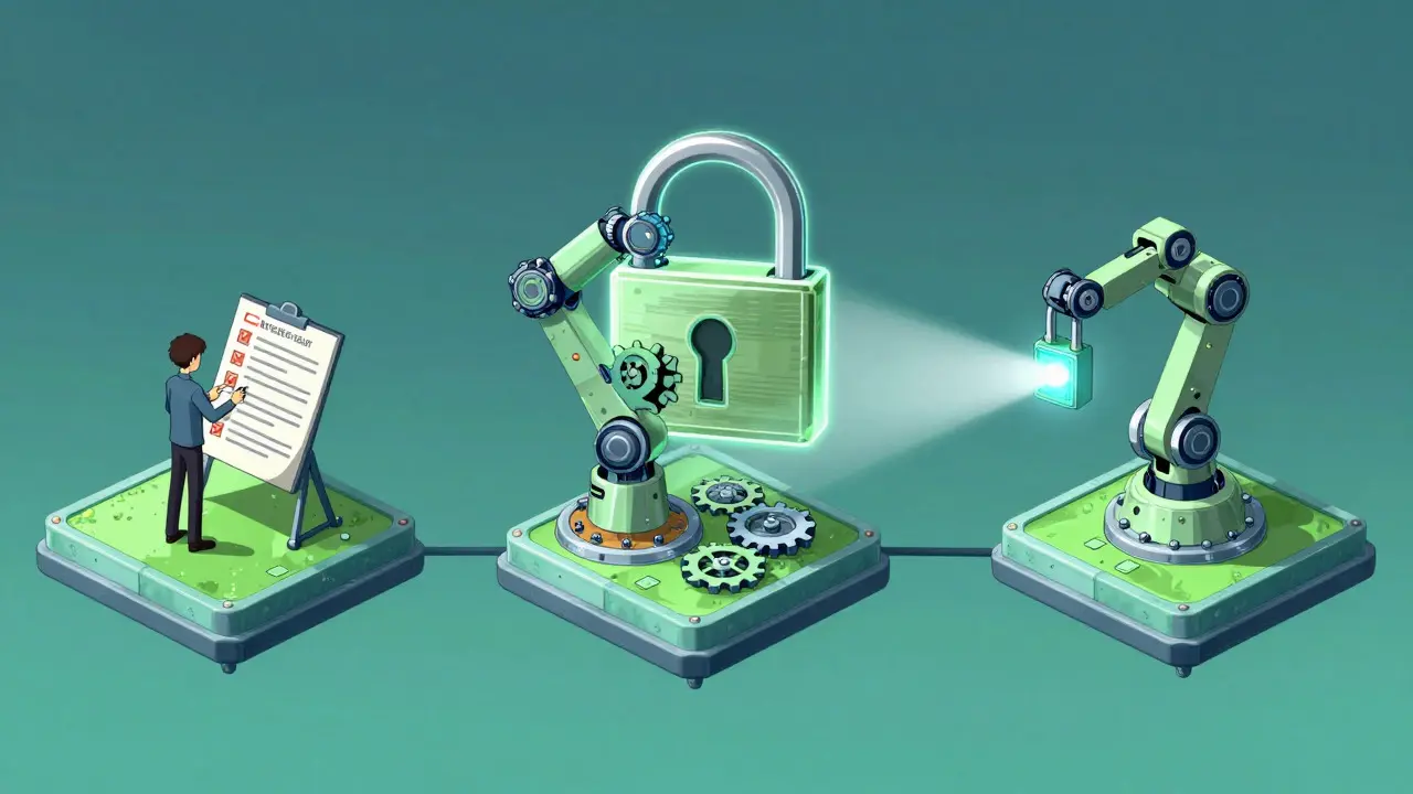 Anime scene showing a secure three-step process with a central lock protecting data flow