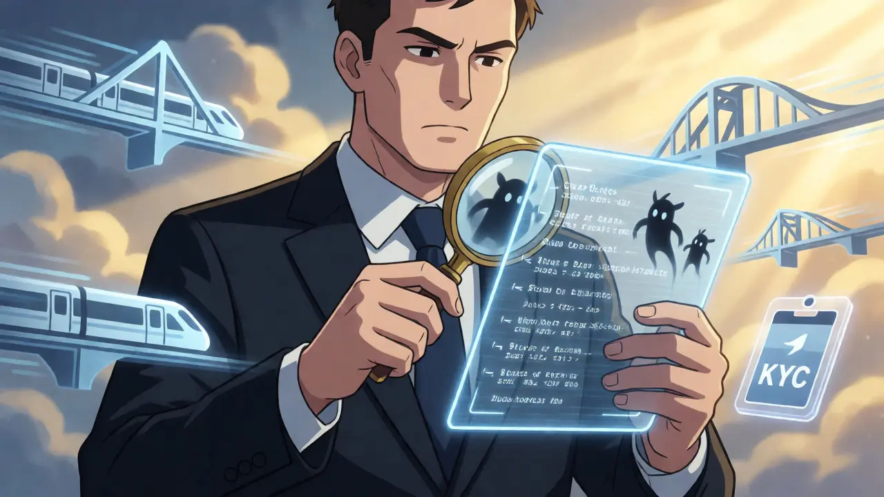 Anime scene showing an auditor inspecting secure smart contract code for bugs.
