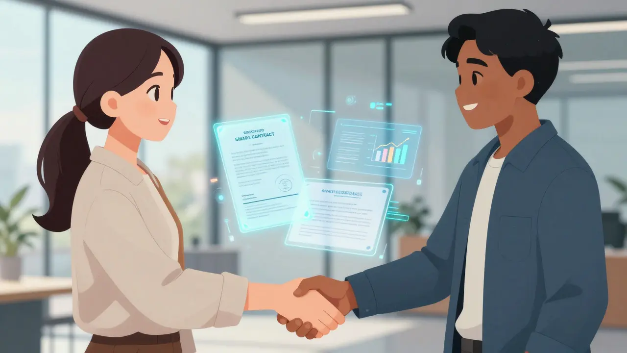 Anime-style illustration of two people shaking hands with floating holographic financial data