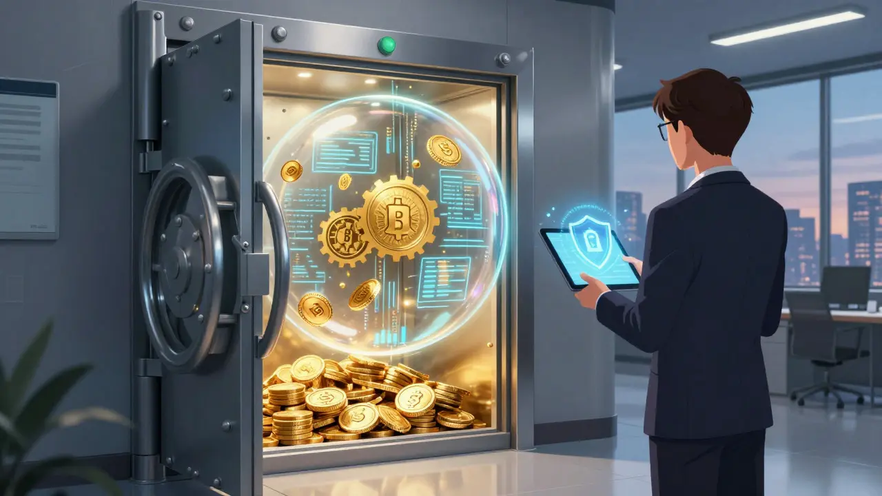 Anime style image of a secure digital vault managing financial assets with smart contracts