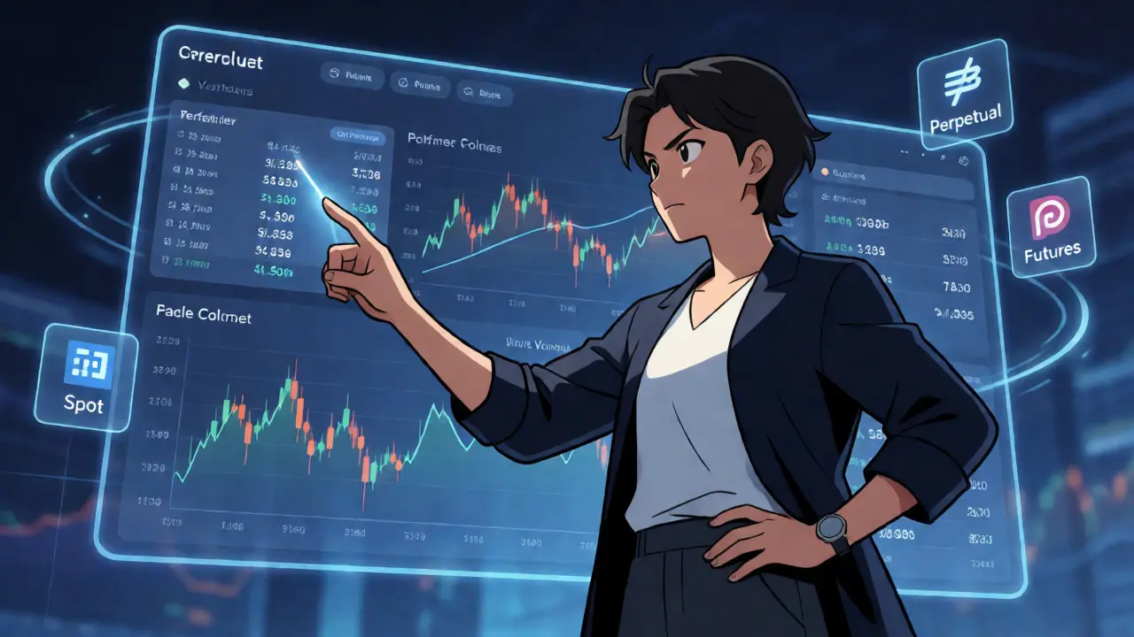 Anime trader analyzing perpetual contracts on a futuristic dashboard