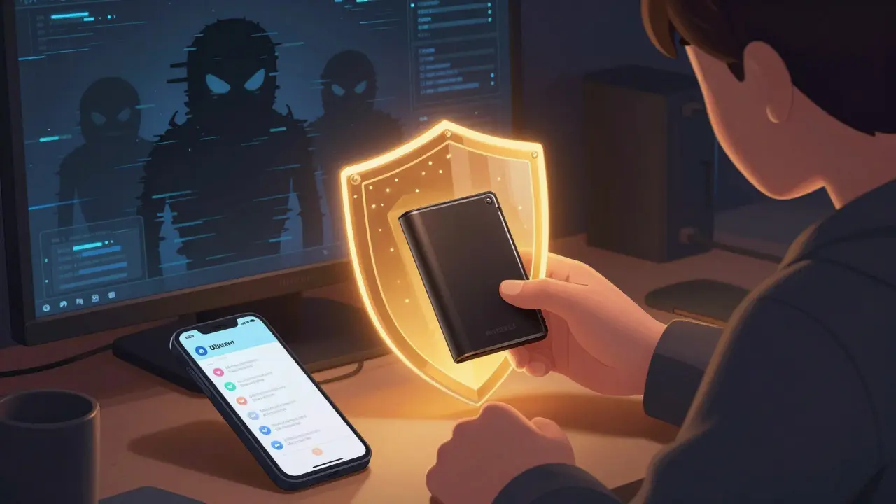 Anime user securing crypto assets with a hardware wallet shield