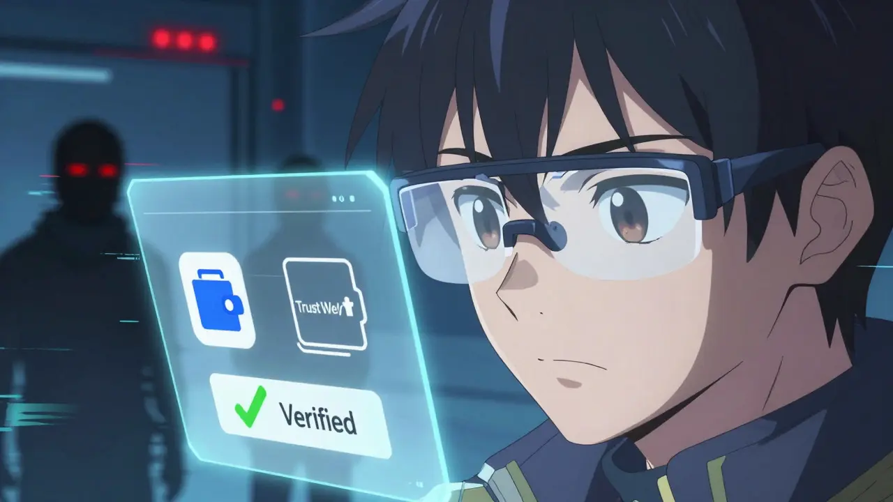 Anime user verifying wallet security against shadowy scammer glitches