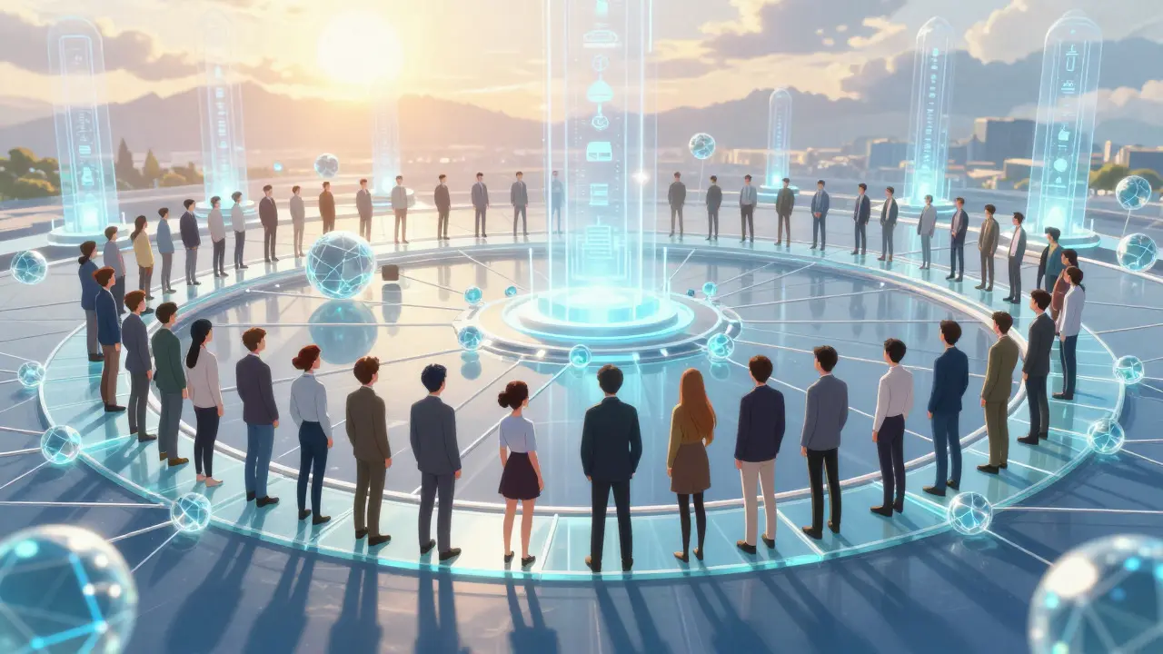 Anime view of a group overlooking a transparent, interconnected blockchain network at sunrise