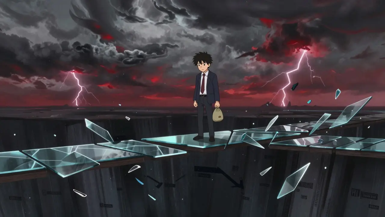Anxious anime trader on a broken bridge over an abyss symbolizing crypto volatility