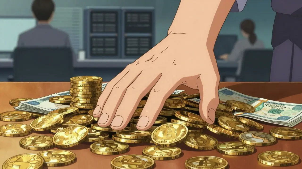 Cel-shaded anime close-up of a hand resting on a large pile of gold coins and cash on a desk