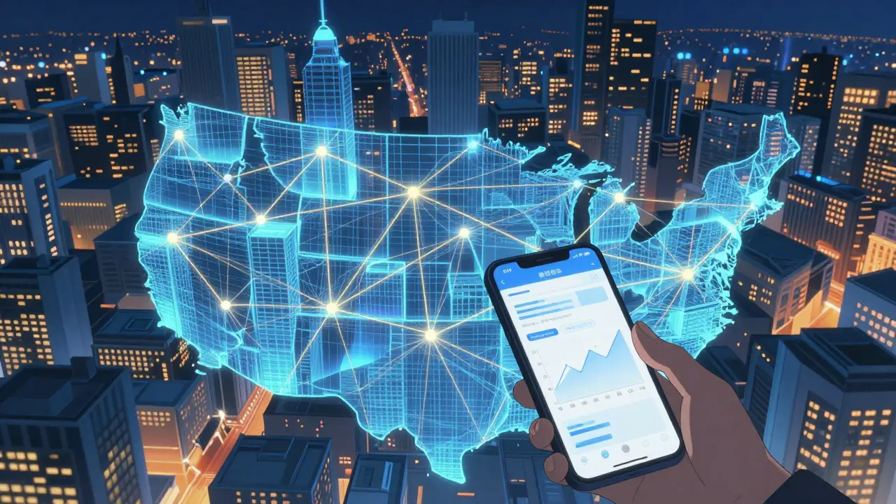 Cel-shaded anime view of a city connected by glowing blockchain networks and a phone display