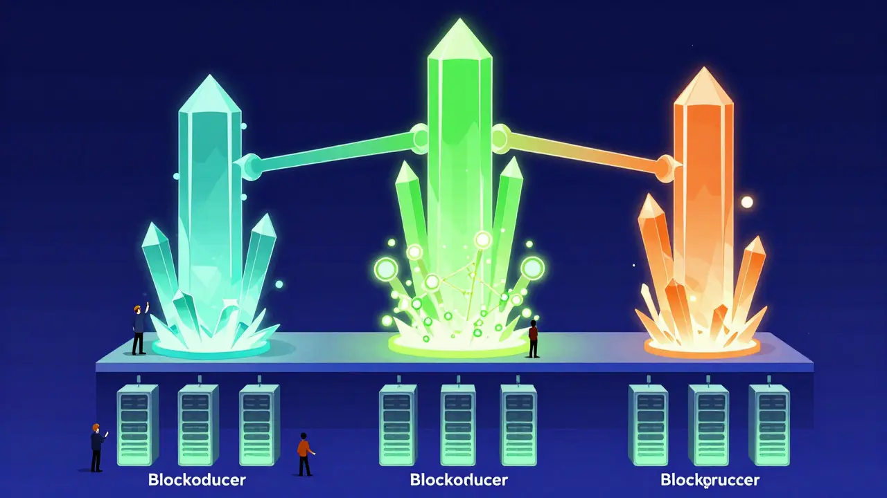 Cel-shaded anime view of tiered blockchain node structures with varying complexity