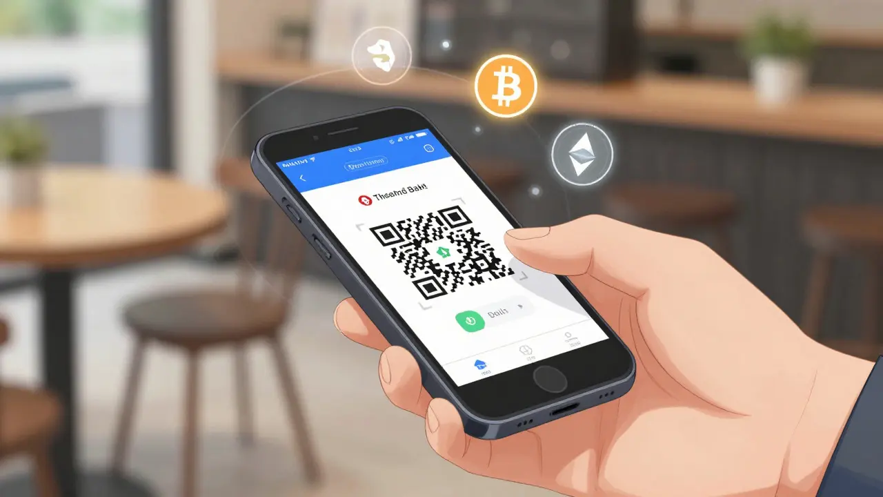 Close-up anime art of scanning a QR code for bank transfer to a crypto wallet