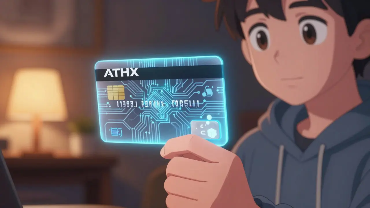 Close-up of a hand holding a glowing tech card in an anime style room