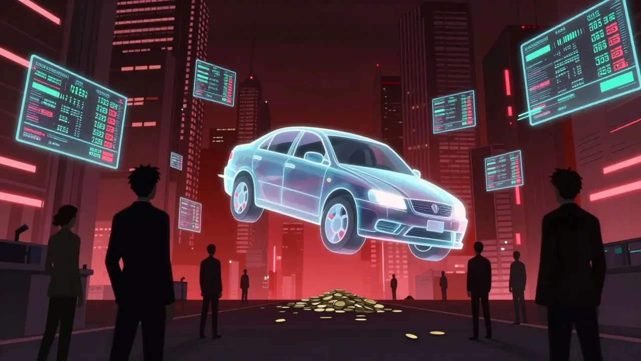 Cyberpunk anime scene showing a giant car hovering over tiny coins