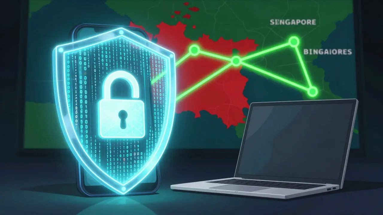 Digital shield protecting devices with VPN connection lines to global servers