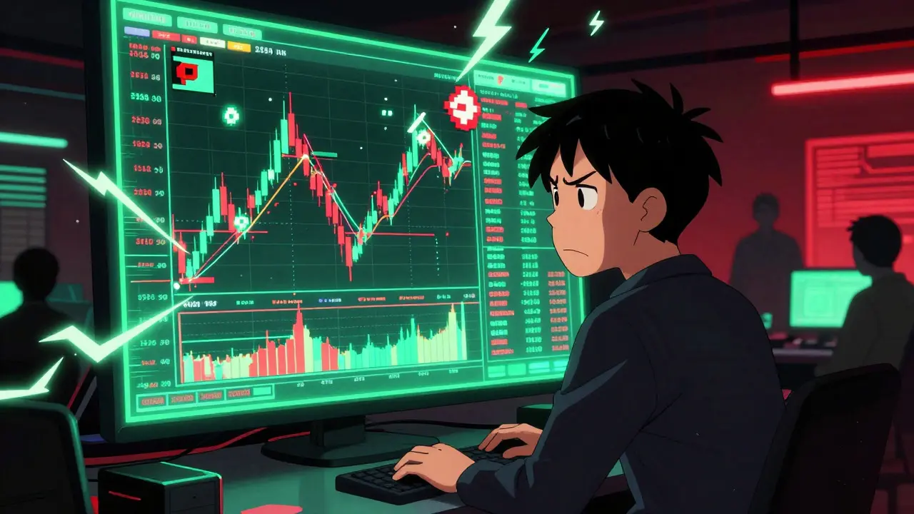 Frustrated anime trader facing glitching, lagging crypto charts