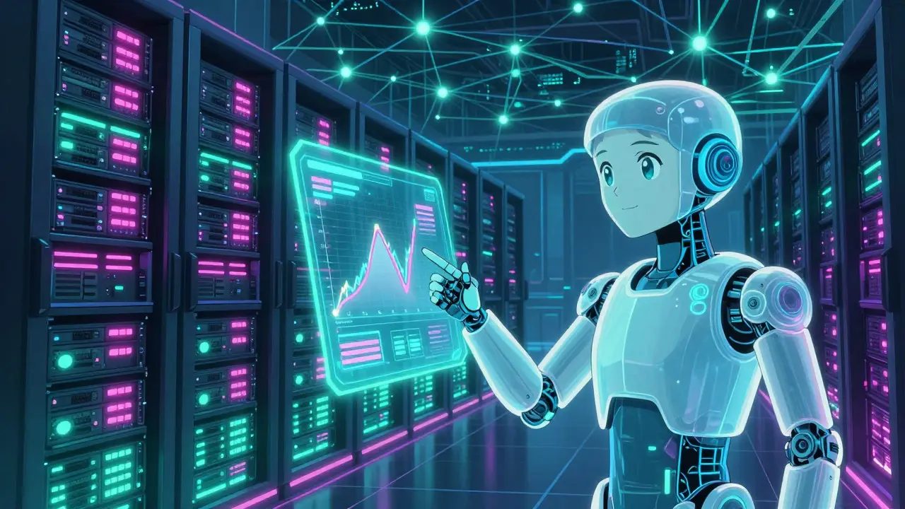 Futuristic anime data center with AI assistant and blockchain visuals