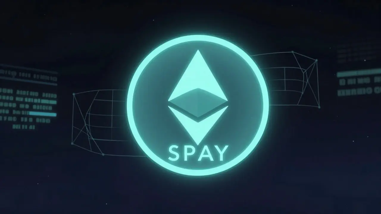 Glowing holographic SPAY crypto token floating in space