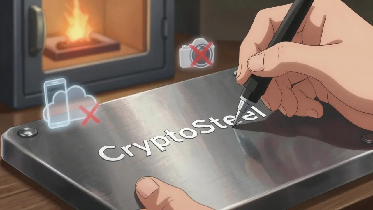 Hands engraving a seed phrase on a metal plate near a fireproof safe, avoiding digital storage.