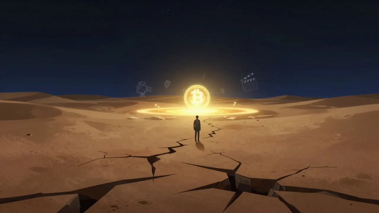 Lone anime figure gazing at a golden oasis in a dark desert landscape