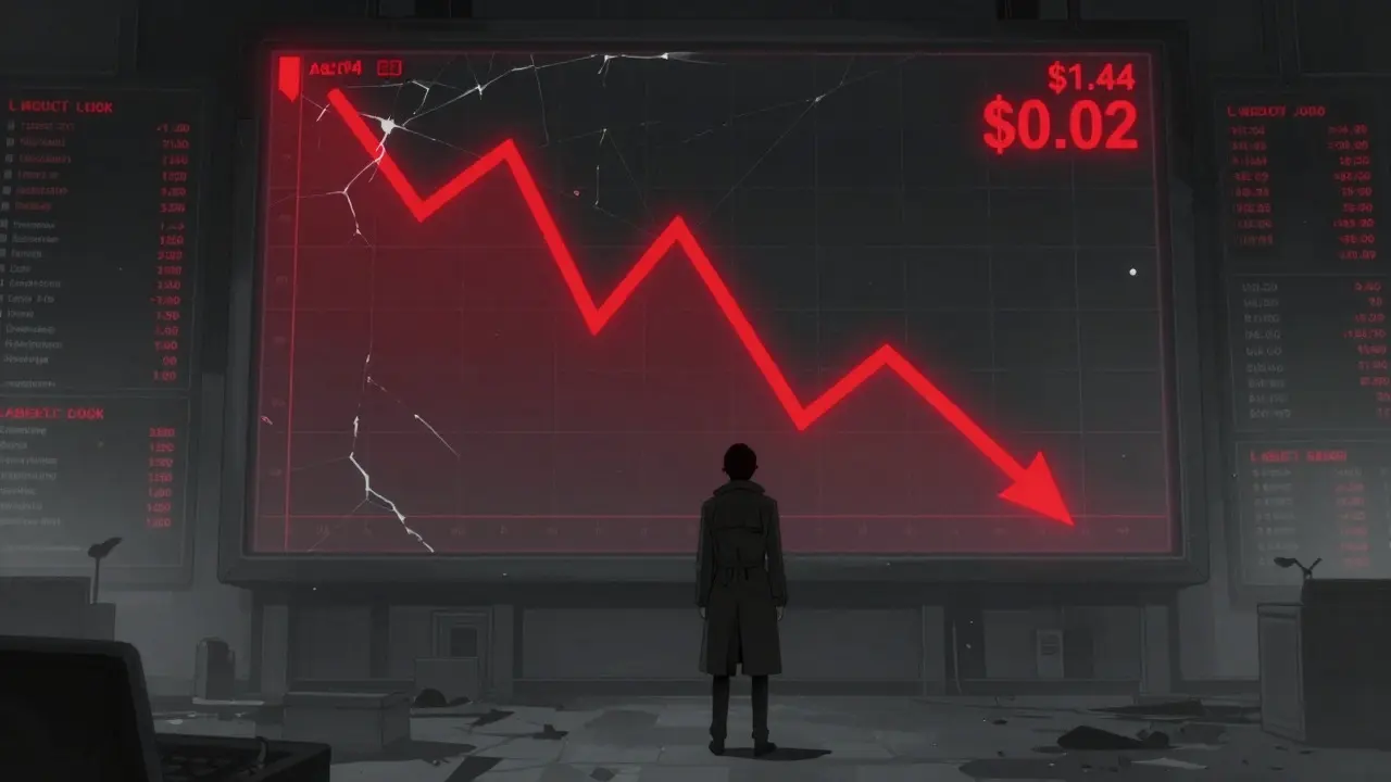 Lonely trader looking at a crashing red stock chart in an abandoned digital hall.