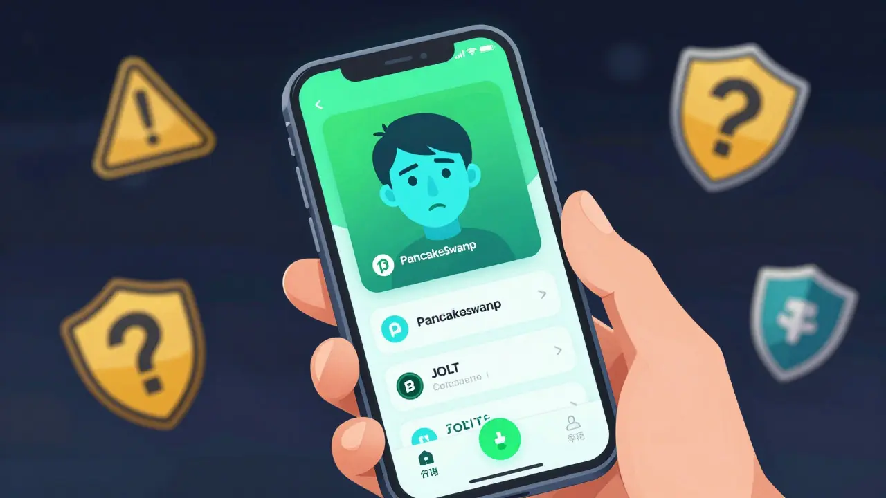 Person checking JOLT token details on a phone with floating warning symbols nearby.