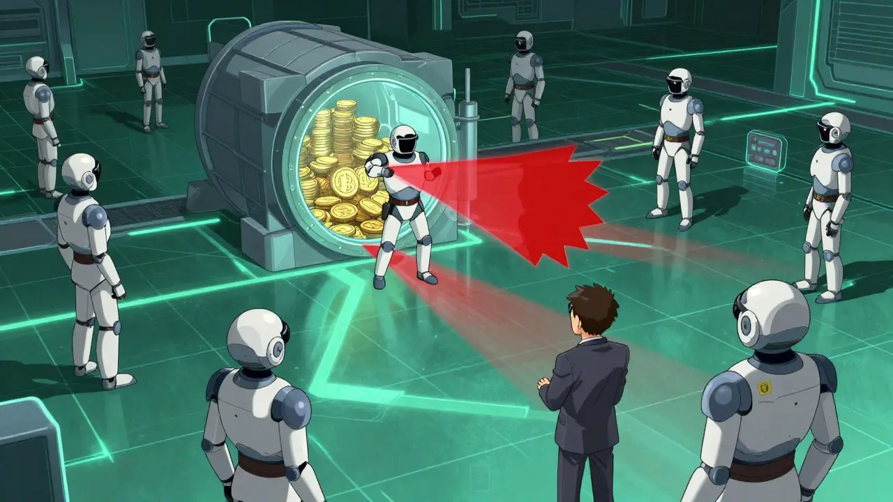 Robotic anime characters monitoring a digital vault to ensure financial security