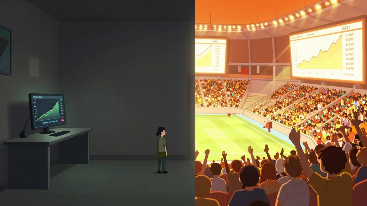 Split screen comparing a small trading desk with a large stadium