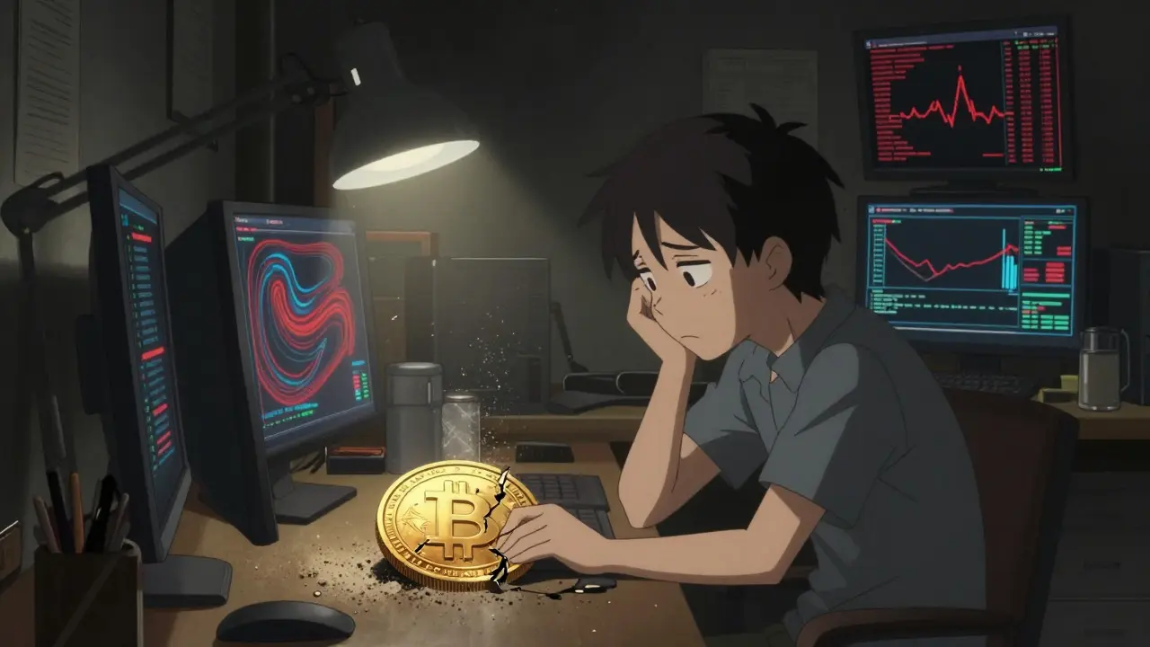 Stressed anime trader surrounded by chaotic data streams and a fading gold coin
