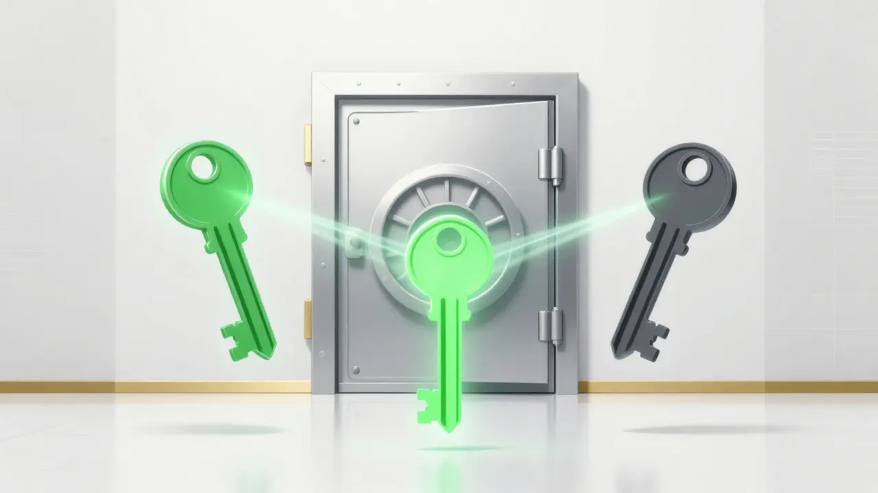 Three floating keys unlocking a digital vault, illustrating multi-signature cryptocurrency security.