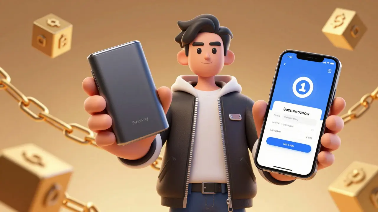 Trader holding hardware wallet with floating blockchain graphics in background