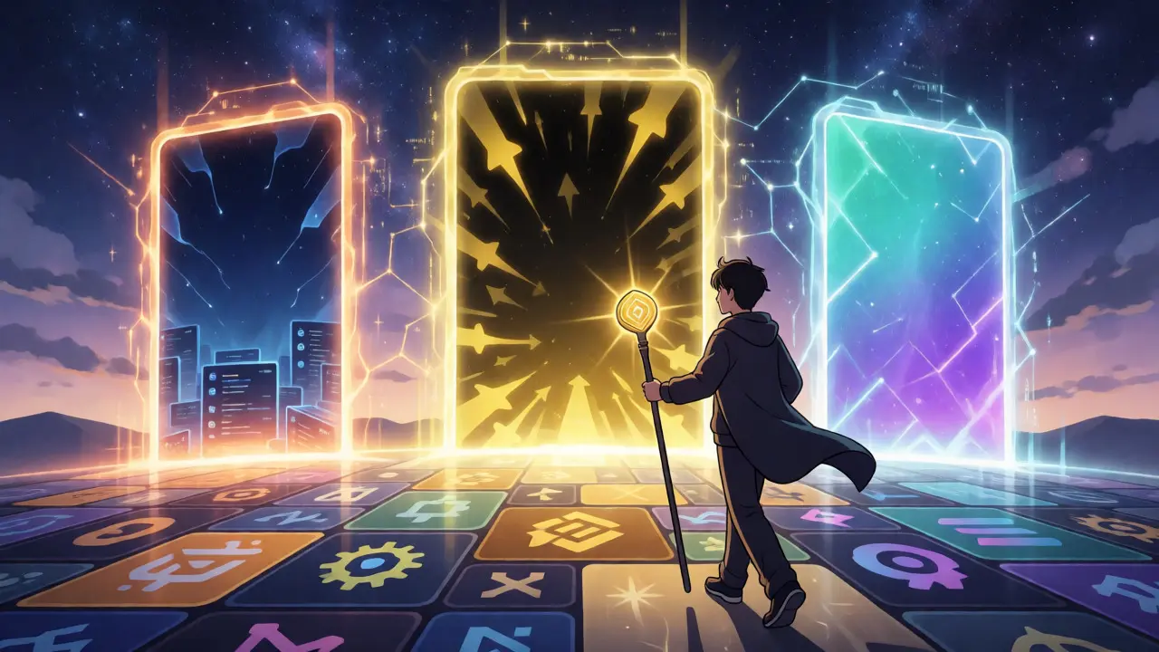 Anime character approaching portals for Filecoin, BSC, and Solana multi-chain expansion.