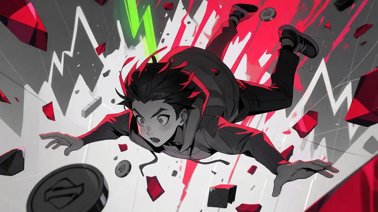 Anime character falling through shattered glass during crypto crash