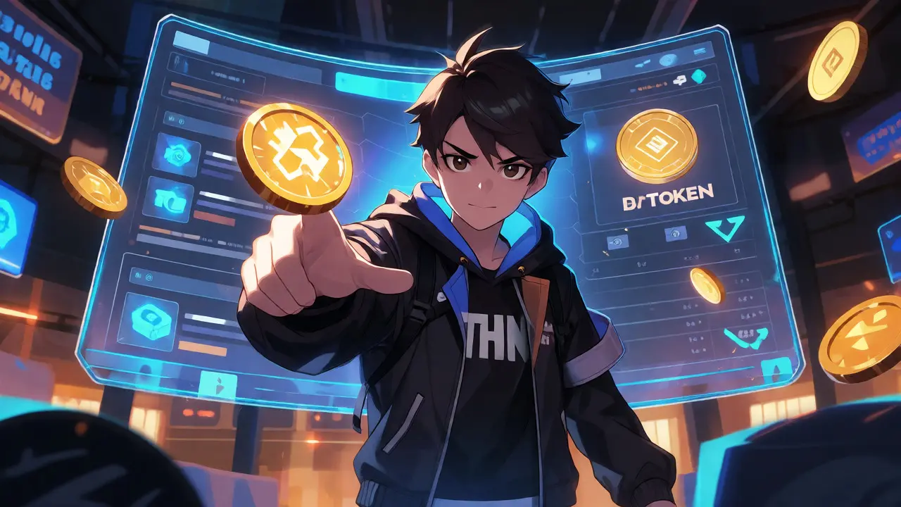 Anime character interacting with holographic exchange interfaces to earn THN tokens.