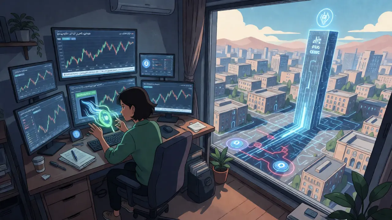 Anime depiction of a trader adapting to stablecoin caps and geopolitical sanctions in Iran.