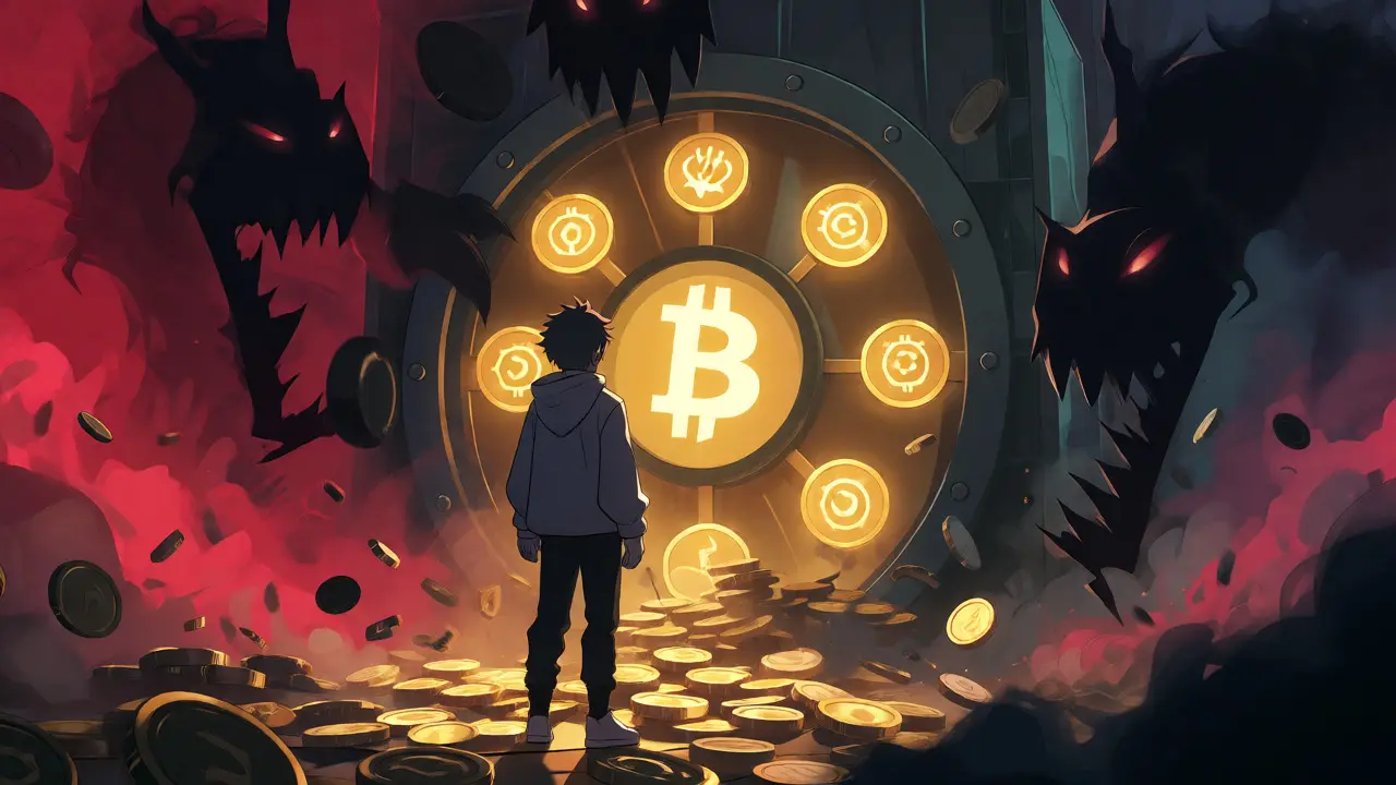Anime depiction of crypto withdrawal fees swallowing assets in a dramatic scene.