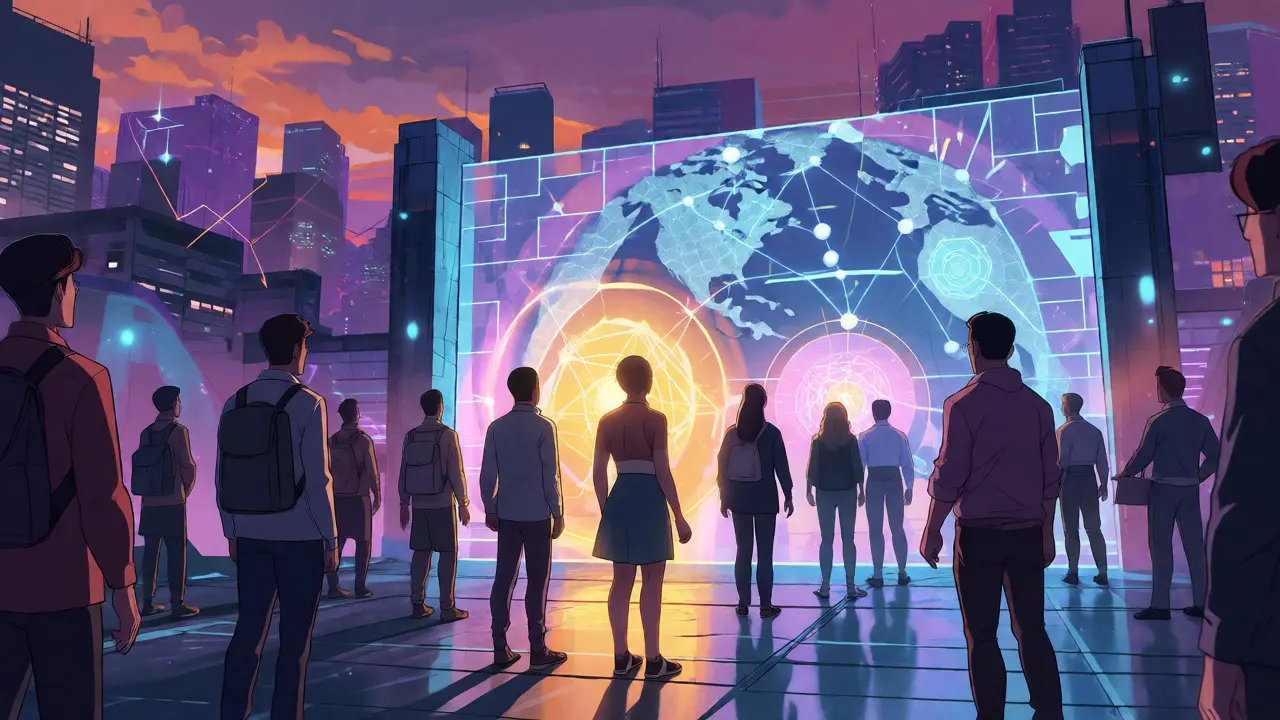 Anime depiction of diverse users passing through a digital identity verification gate.