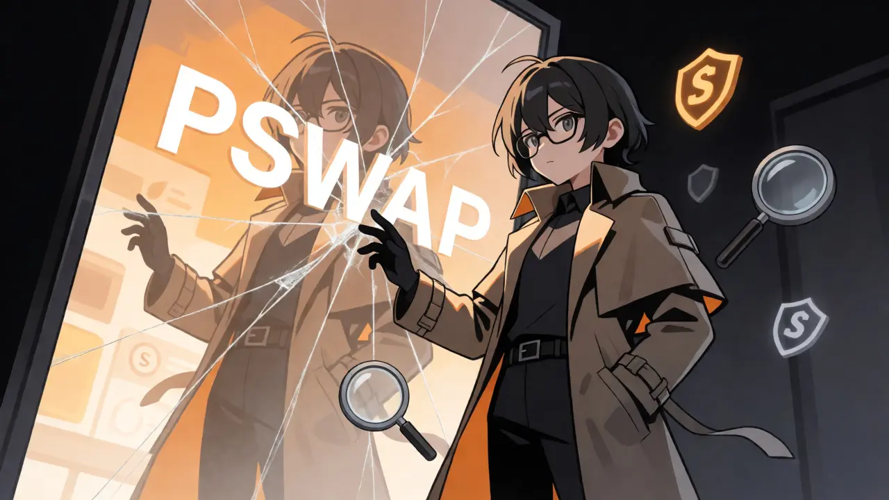 Anime detective examining a cracked mirror reflecting crypto risks