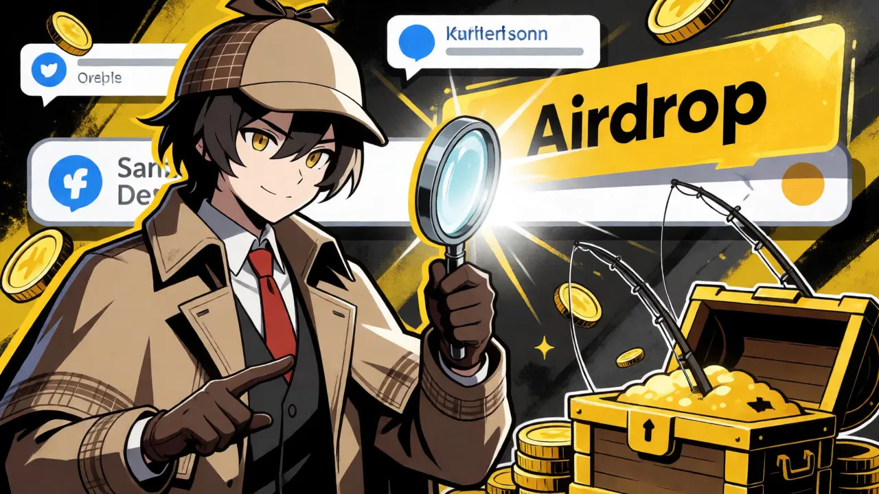 Anime detective inspecting suspicious airdrop link with magnifying glass