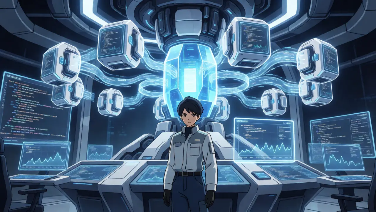 Anime engineer managing complex smart contract modules in a tech hub.